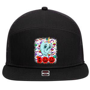 ghost Boo flower crown unicorn with bat pumpkin halloween 7 Panel Mesh Trucker Snapback Hat