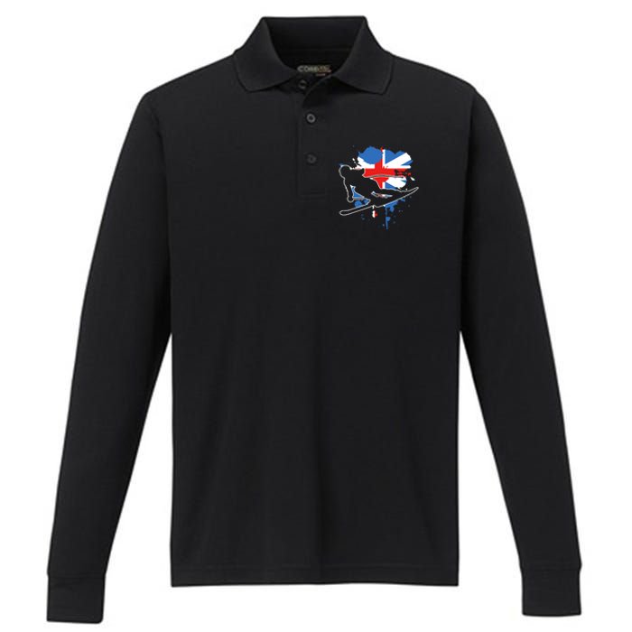 Great Britain Flag Skier British Alpine Skiing Performance Long Sleeve Polo