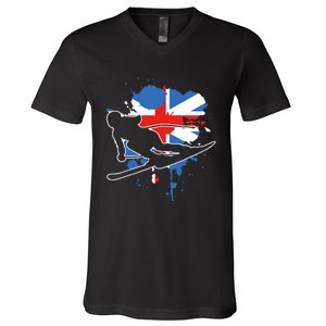 Great Britain Flag Skier British Alpine Skiing V-Neck T-Shirt