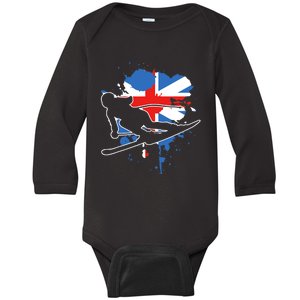 Great Britain Flag Skier British Alpine Skiing Baby Long Sleeve Bodysuit