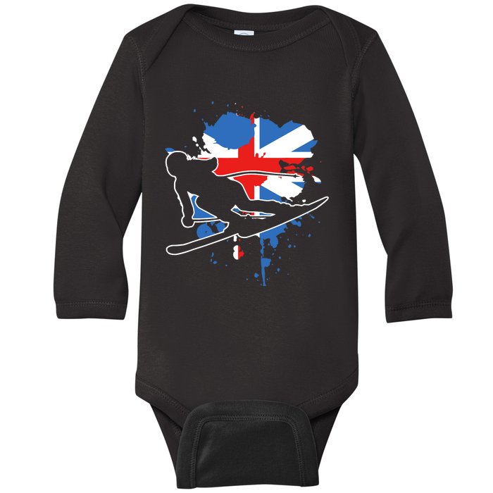 Great Britain Flag Skier British Alpine Skiing Baby Long Sleeve Bodysuit