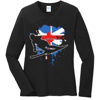 Great Britain Flag Skier British Alpine Skiing Ladies Long Sleeve Shirt