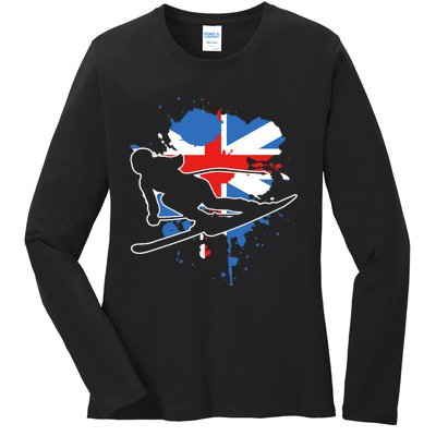 Great Britain Flag Skier British Alpine Skiing Ladies Long Sleeve Shirt