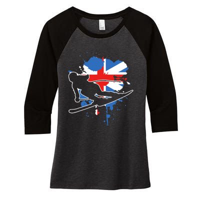 Great Britain Flag Skier British Alpine Skiing Women's Tri-Blend 3/4-Sleeve Raglan Shirt