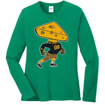 Green Bay Football Mascot Cheese Man Ladies Long Sleeve Shirt