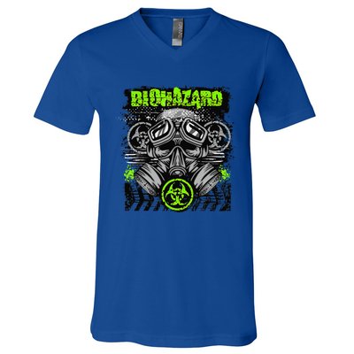 Green BioHazard Face Mask Funny Halloween V-Neck T-Shirt