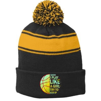 Girls Basketball Funny Gift Stripe Pom Pom Beanie