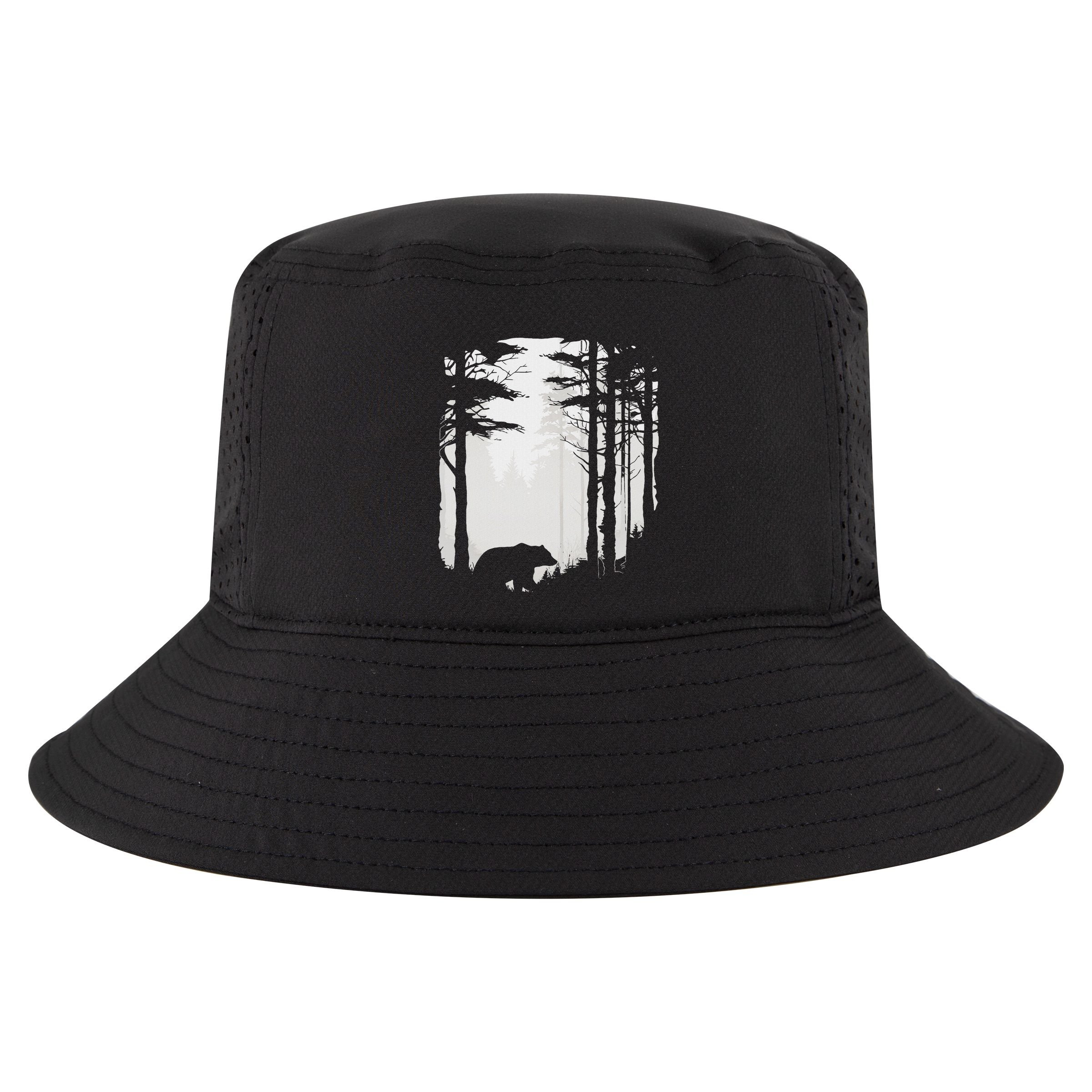 Graphic Bear Forest Wildlife Silhouette Mist Wilderness Cool Comfort Performance Bucket Hat