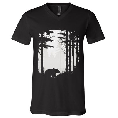 Graphic Bear Forest Wildlife Silhouette Mist Wilderness V-Neck T-Shirt