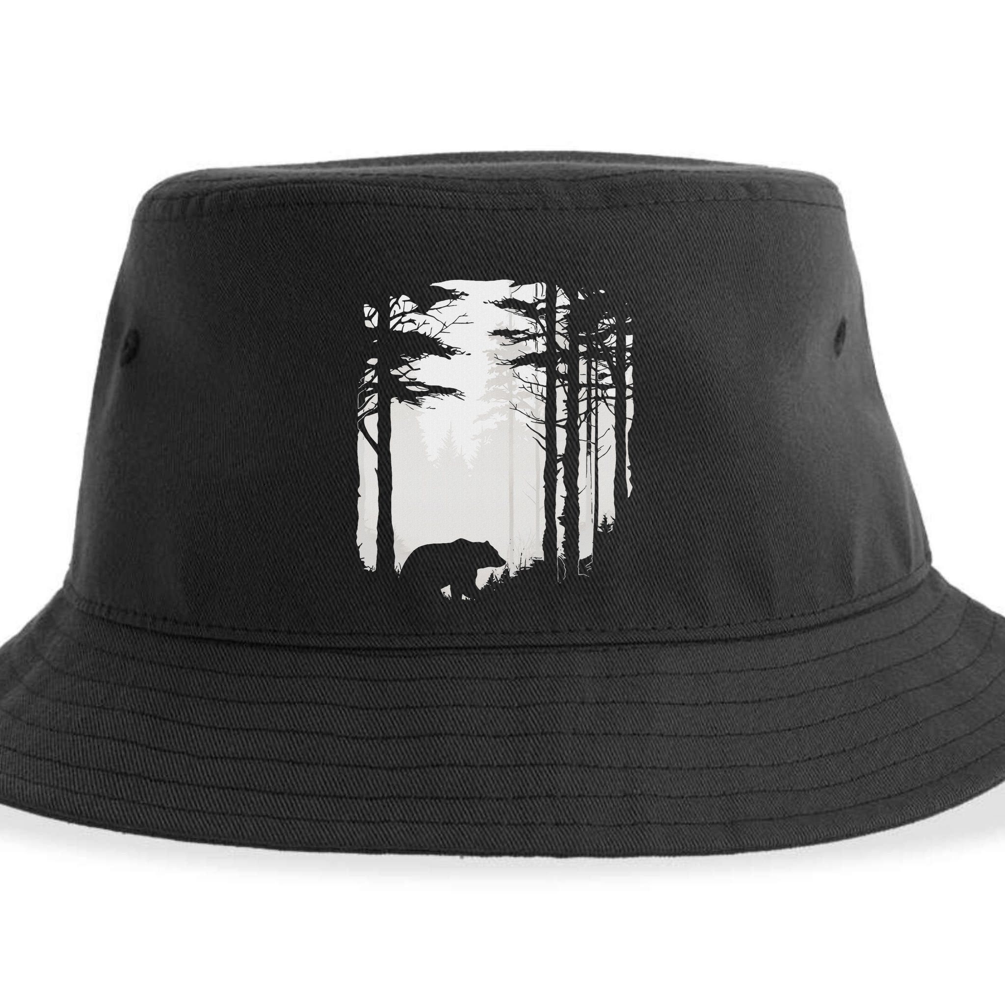 Graphic Bear Forest Wildlife Silhouette Mist Wilderness Sustainable Bucket Hat