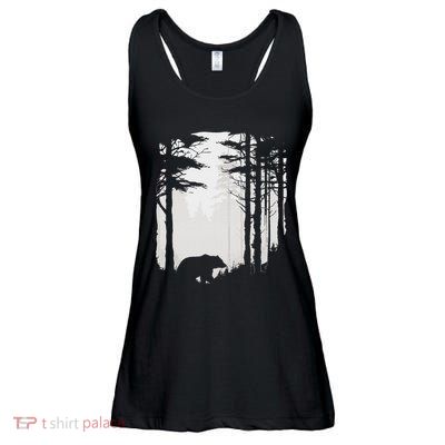 Graphic Bear Forest Wildlife Silhouette Mist Wilderness Ladies Essential Flowy Tank