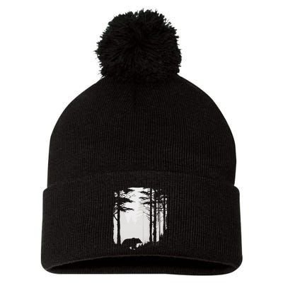 Graphic Bear Forest Wildlife Silhouette Mist Wilderness Pom Pom 12in Knit Beanie