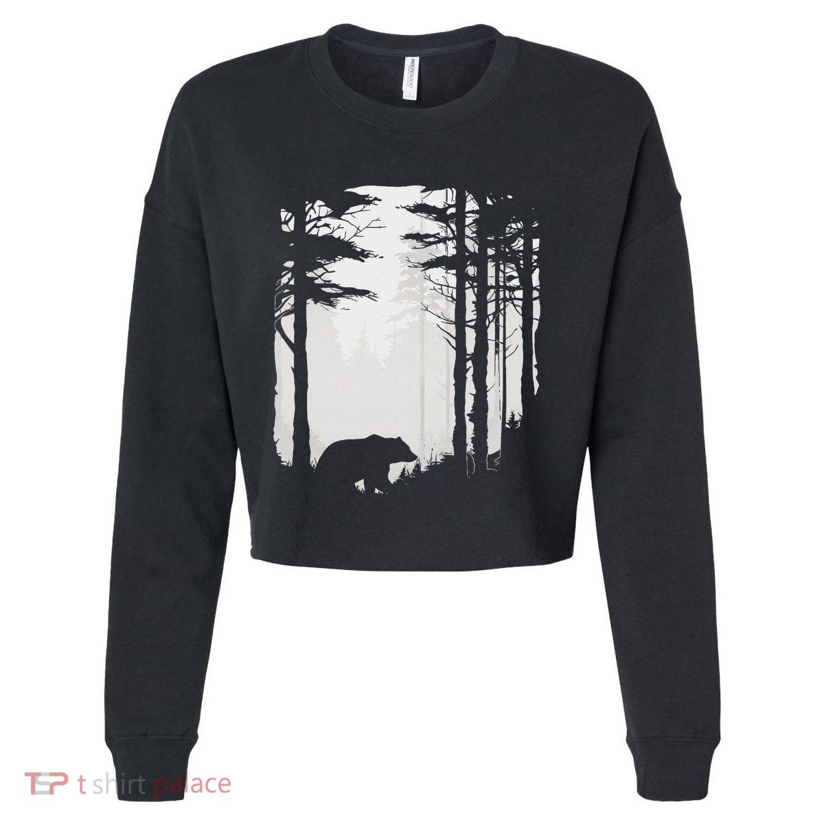 Graphic Bear Forest Wildlife Silhouette Mist Wilderness Cropped Pullover Crew
