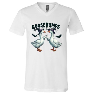 Goose Bumps Geese Fist Bumping Animal Pun Witch Halloween V-Neck T-Shirt