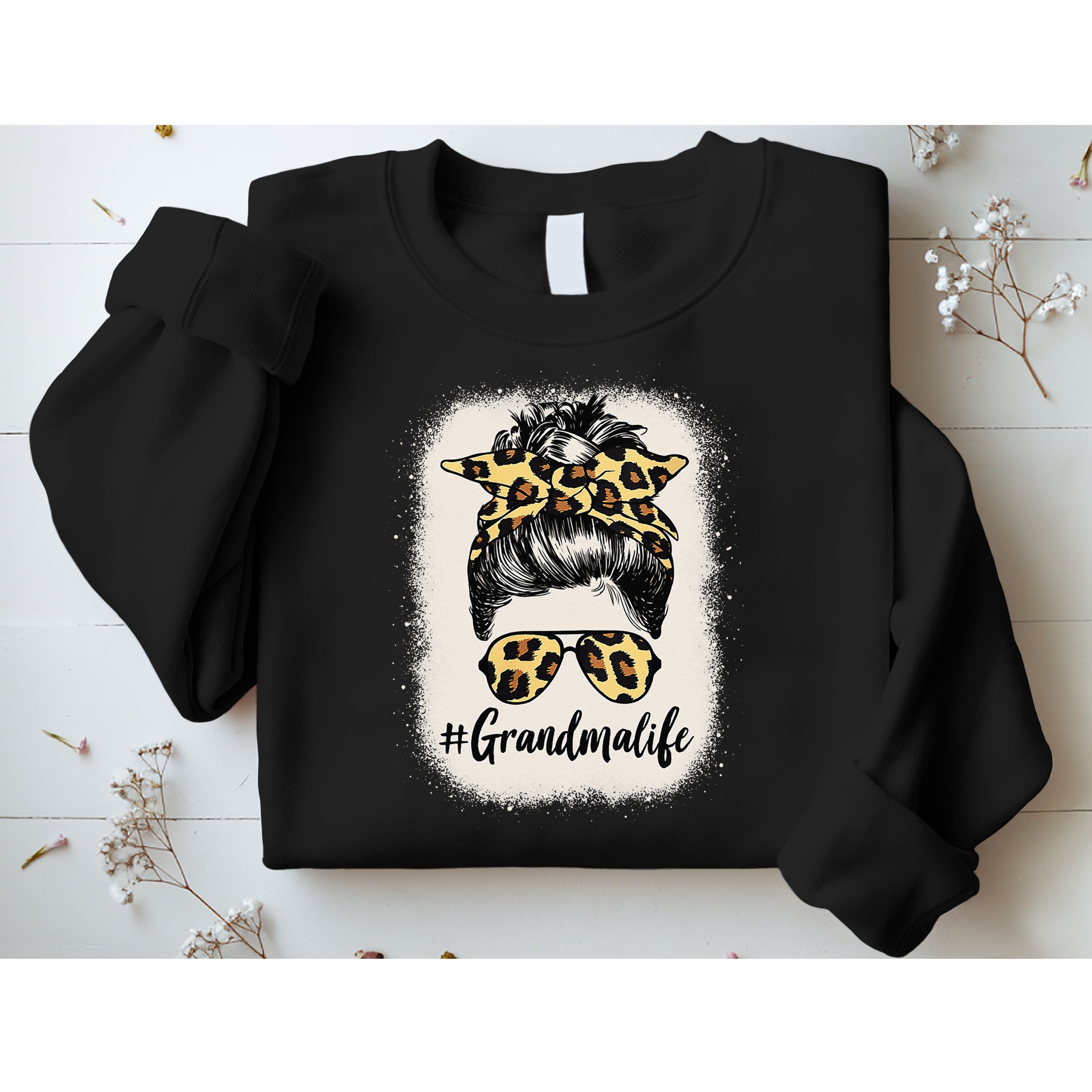 Grandmalife Bleached Grandma Life Leopard Messy Bun Sweatshirt