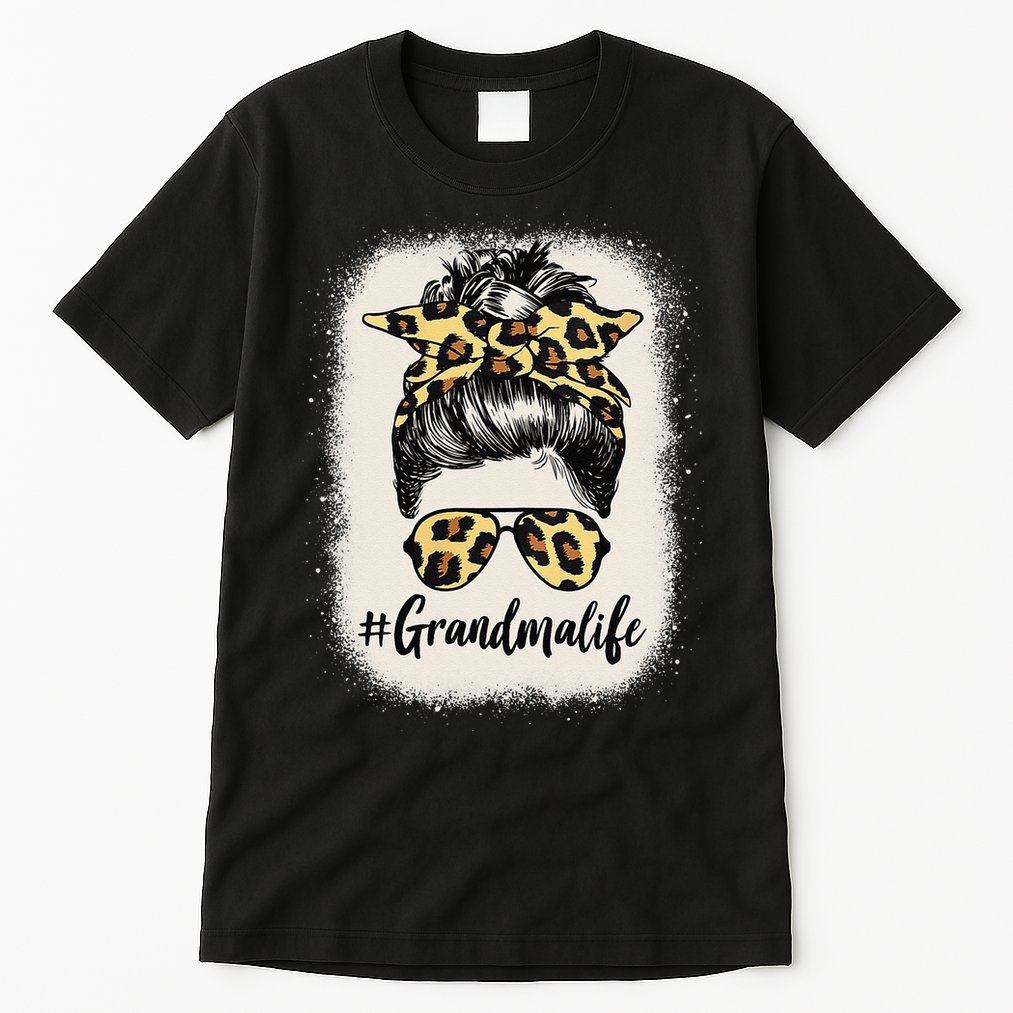 Grandmalife Bleached Grandma Life Leopard Messy Bun Tall T-Shirt