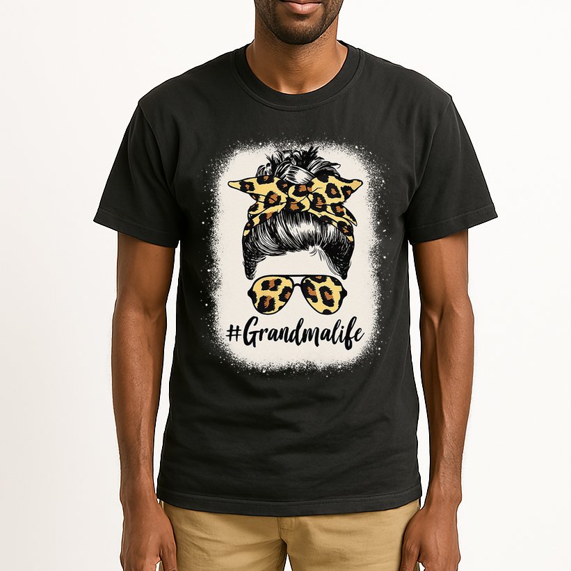 Grandmalife Bleached Grandma Life Leopard Messy Bun Tall T-Shirt