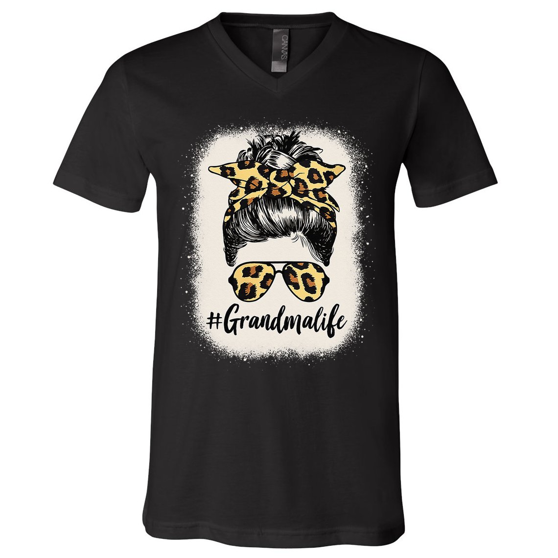 Grandmalife Bleached Grandma Life Leopard Messy Bun V-Neck T-Shirt