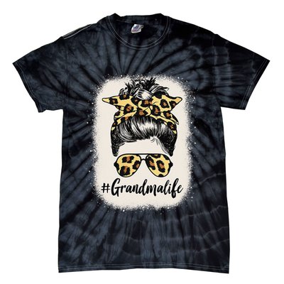 Grandmalife Bleached Grandma Life Leopard Messy Bun Tie-Dye T-Shirt