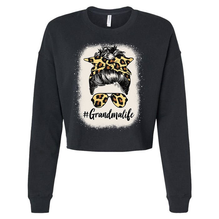 Grandmalife Bleached Grandma Life Leopard Messy Bun Cropped Pullover Crew