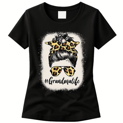 Grandmalife Bleached Grandma Life Leopard Messy Bun Womens T-Shirt