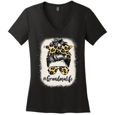 Grandmalife Bleached Grandma Life Leopard Messy Bun Women's V-Neck T-Shirt