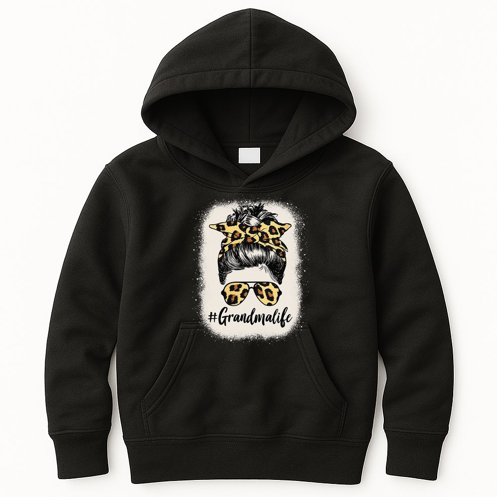 Grandmalife Bleached Grandma Life Leopard Messy Bun Kids Hoodie