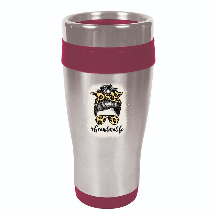 Grandmalife Bleached Grandma Life Leopard Messy Bun 16oz Travel Tumbler