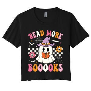 Groovy Booooks Ghost Read More Books Funny Teacher Halloween Women's Crop Top Tee