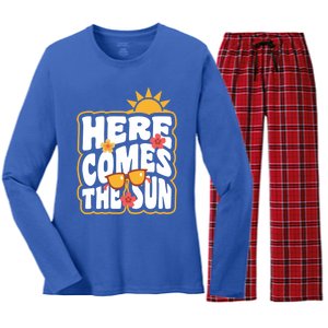 Groovy Beach Here Comes The Sun Summer Vacation Holiday Funny Gift Women's Long Sleeve Flannel Pajama Set 