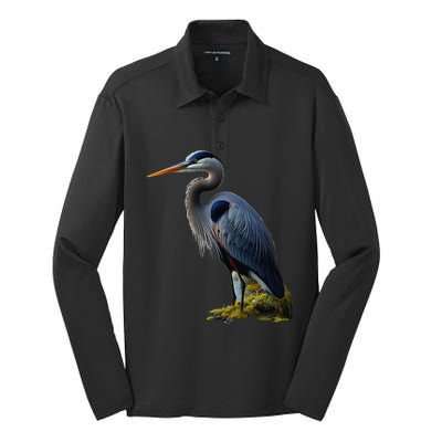 Great Blue Heron. ArtistS Rendition. Silk Touch Performance Long Sleeve Polo