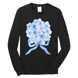 Grandmillennial Blue Hydrangea Bow Long Sleeve Shirt