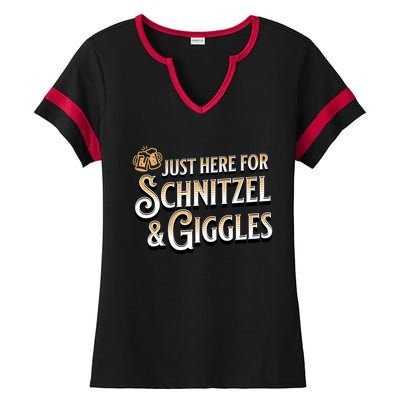 Ger Beer Just Here For Schnitzel And Giggles Oktoberfest Funny Gift Ladies Halftime Notch Neck Tee