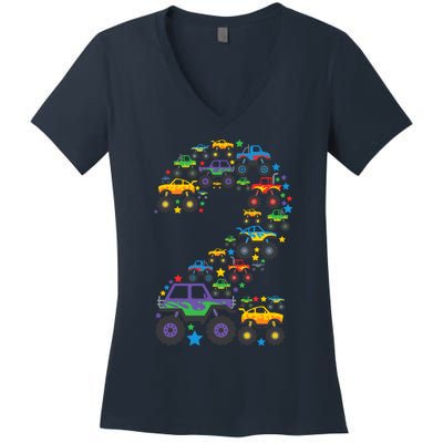 Graphic Boy Monster Truck 2nd Birthday 2 Years Women's V-Neck T-Shirt