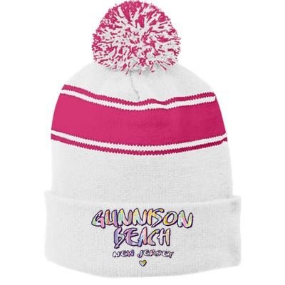 Gunnison Beach New Jersey Gunnison Beach Nj Watercolor Stripe Pom Pom Beanie