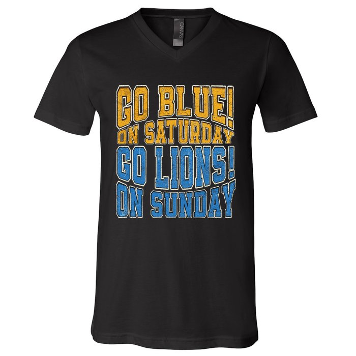 Go Blue On Saturday Go Lion On Sunday Football Fan V-Neck T-Shirt