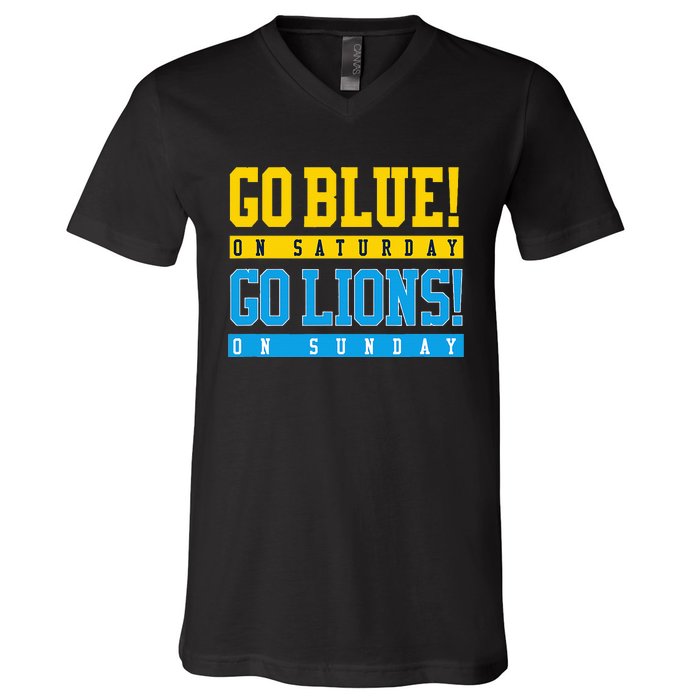 Go Blue! On Saturday Go Lions! On Sunday Football Fan Gift V-Neck T-Shirt