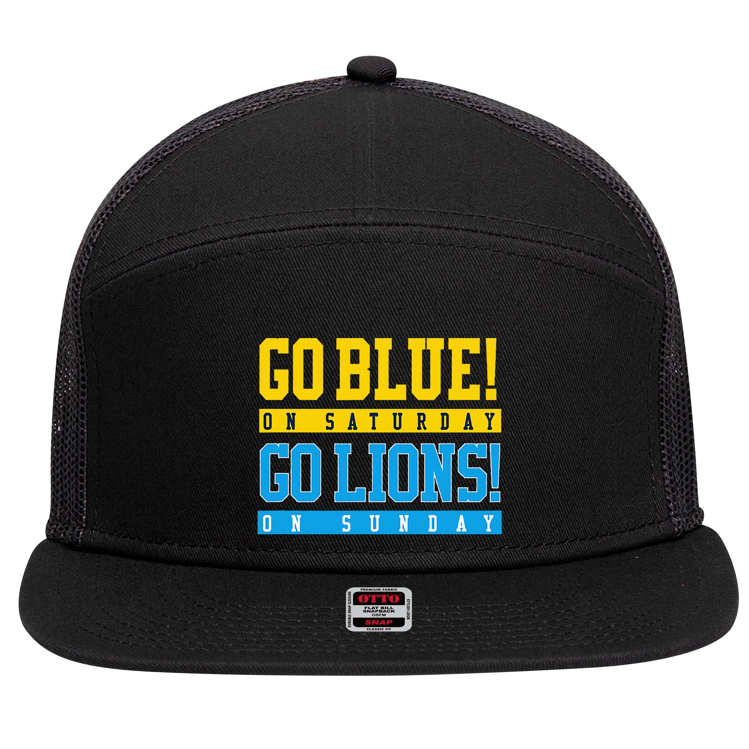 Go Blue! On Saturday Go Lions! On Sunday Football Fan 7 Panel Mesh Trucker Snapback Hat