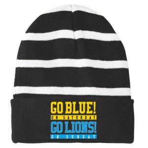 Go Blue! On Saturday Go Lions! On Sunday Football Fan Striped Beanie with Solid Band