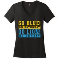 Go Blue On Saturday Go Lion On Sunday Women's V-Neck T-Shirt