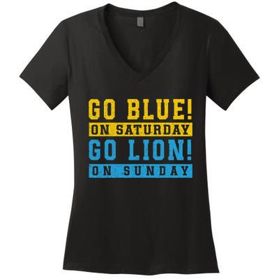 Go Blue On Saturday Go Lion On Sunday Women's V-Neck T-Shirt