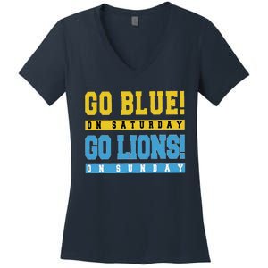 Go Blue On Saturday Go Lion On Sunday Women's V-Neck T-Shirt