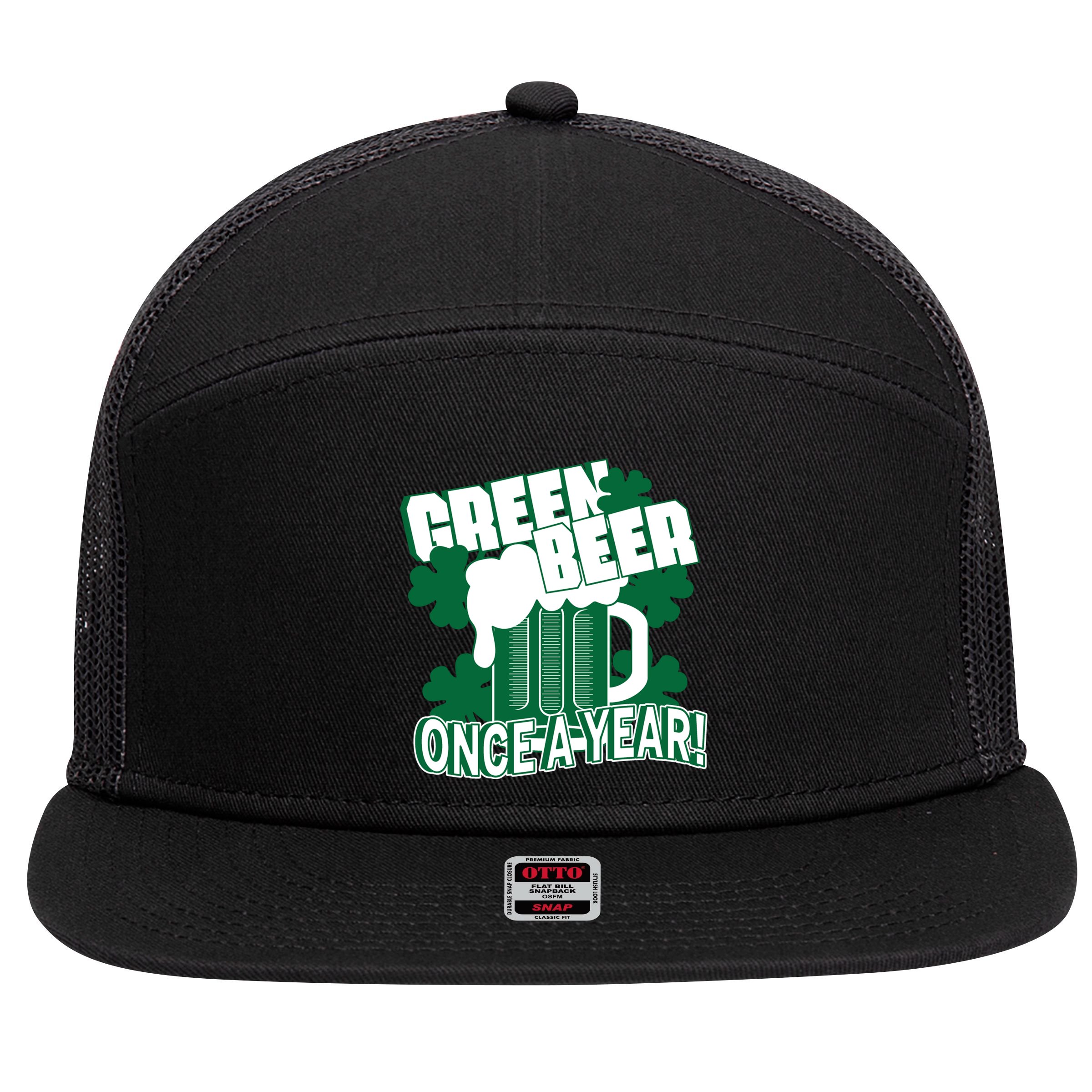 Green Beer Once A Year St Patrick's Day 7 Panel Mesh Trucker Snapback Hat