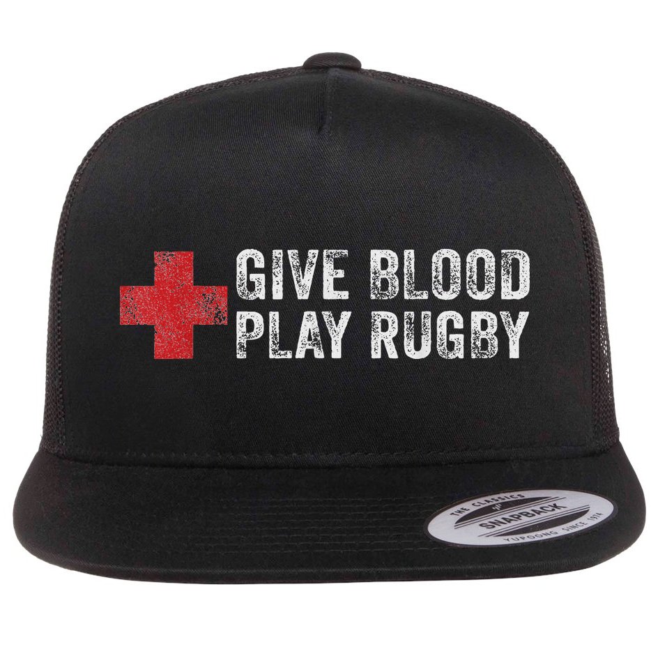 Give Blood Play Rugby Player Funny Rugger League Union Flat Bill Trucker Hat