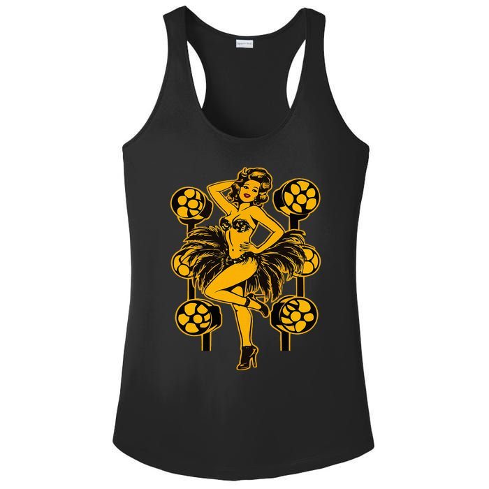 Golden Burlesque Pinup Girl With Spotlight Ladies PosiCharge Competitor Racerback Tank