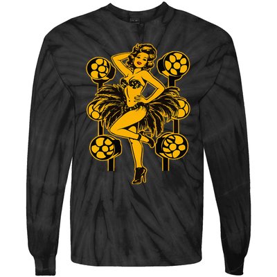 Golden Burlesque Pinup Girl With Spotlight Tie-Dye Long Sleeve Shirt