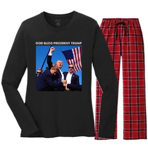 God Bless President Trump Shooting At Donald Trump Rally Women's Long Sleeve Flannel Pajama Set 