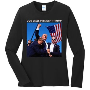 God Bless President Trump Shooting At Donald Trump Rally Ladies Long Sleeve Shirt