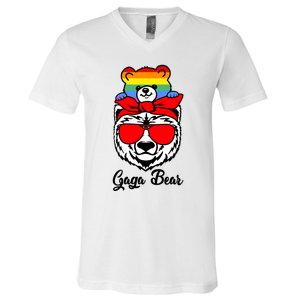 Gaga Bear Proud Gaga Rainbow Flag Lgbt Pride Mothers Day Gift V-Neck T-Shirt