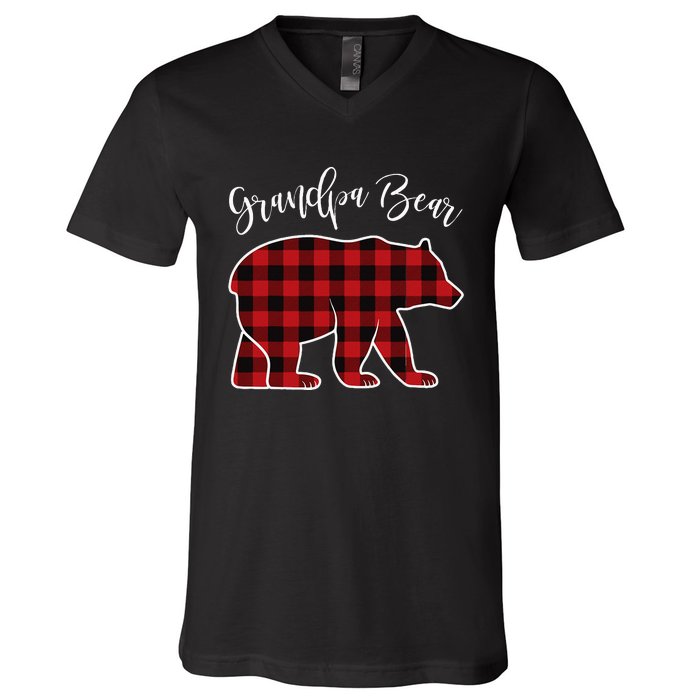 Grandpa Bear Pajama Red Buffalo Xmas Funny Family Christmas V-Neck T-Shirt